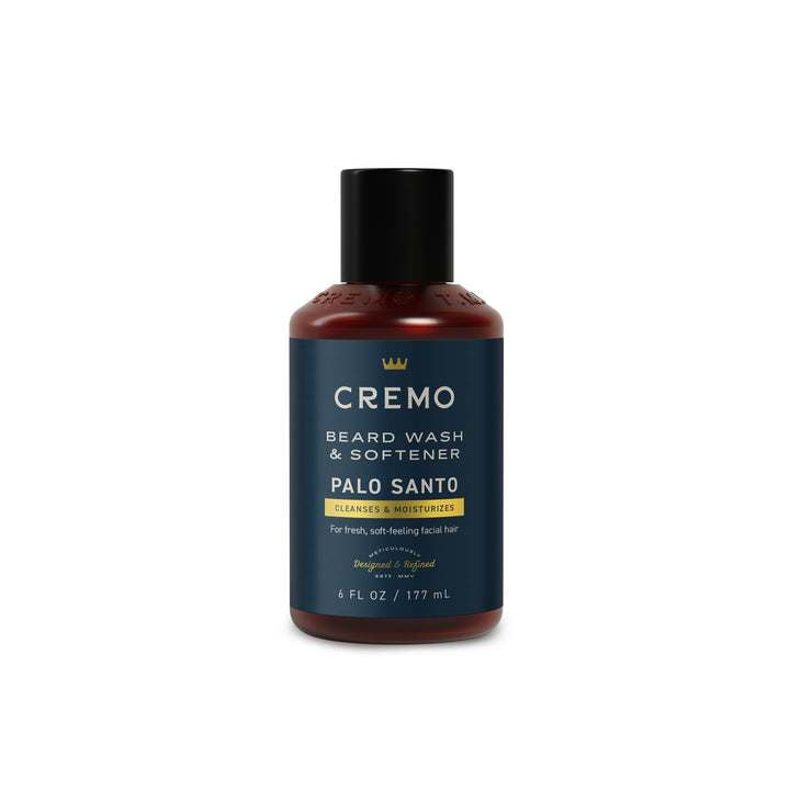Cremo front bottle shot showing palo santo beard wash packaging and refined scent benefits