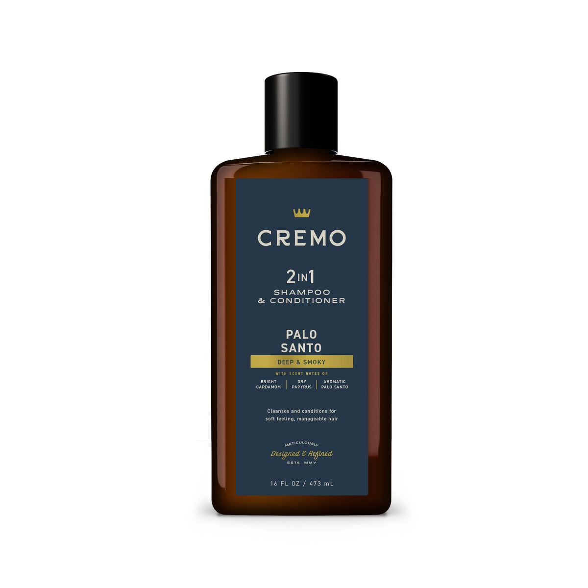Cremo bottle front packaging showing palo santo label and 16 fl oz — premium scent benefit