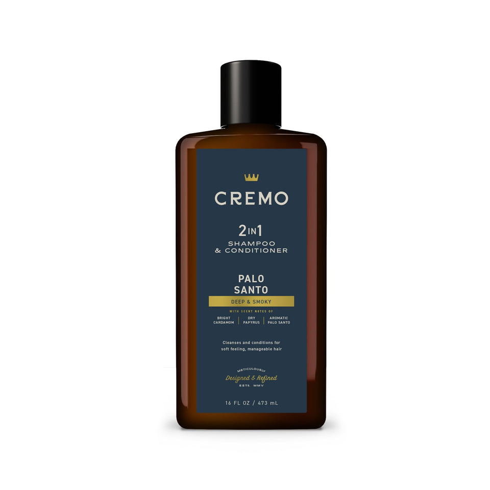 Cremo bottle front packaging showing palo santo label and 16 fl oz — premium scent benefit