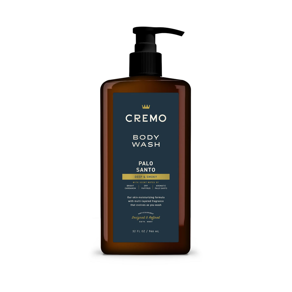 Cremo pump bottle front view showing label and easy-dispense design for convenient showers