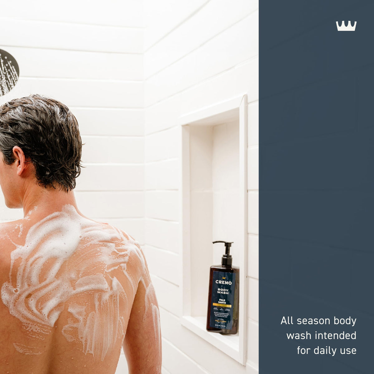 Close-up of rich creamy lather from Cremo Palo Santo body wash demonstrating moisturizing foam
