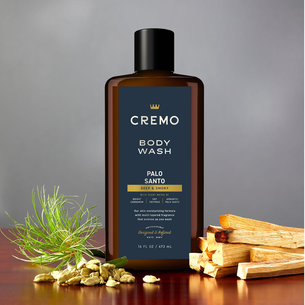 Cremo pump close-up dispensing gel, highlighting convenient shower use