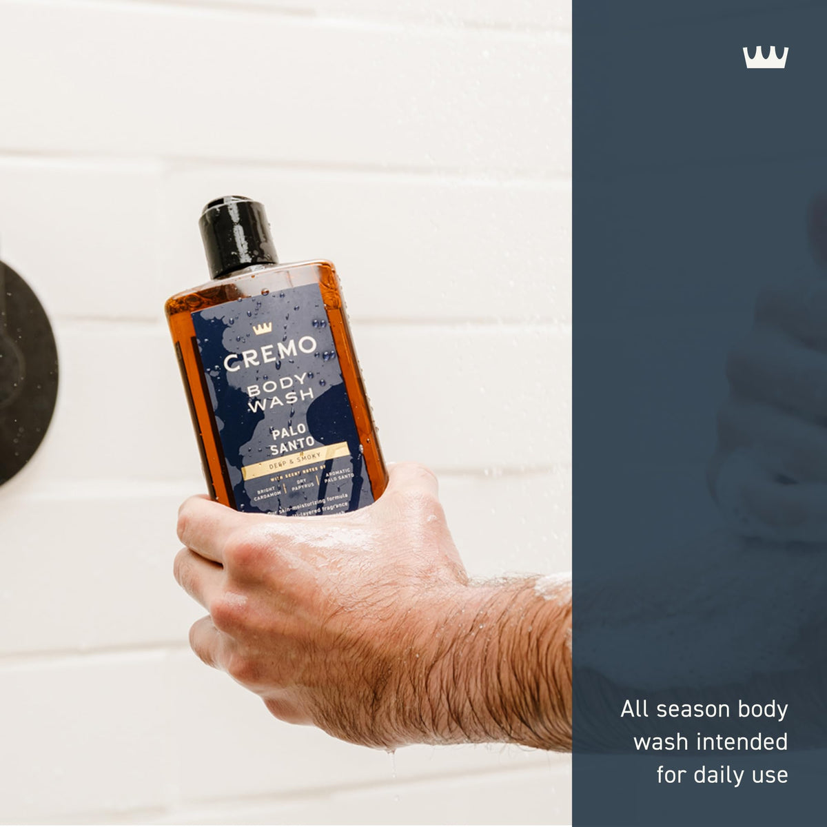 Man using Cremo in shower illustrating elevated grooming routine