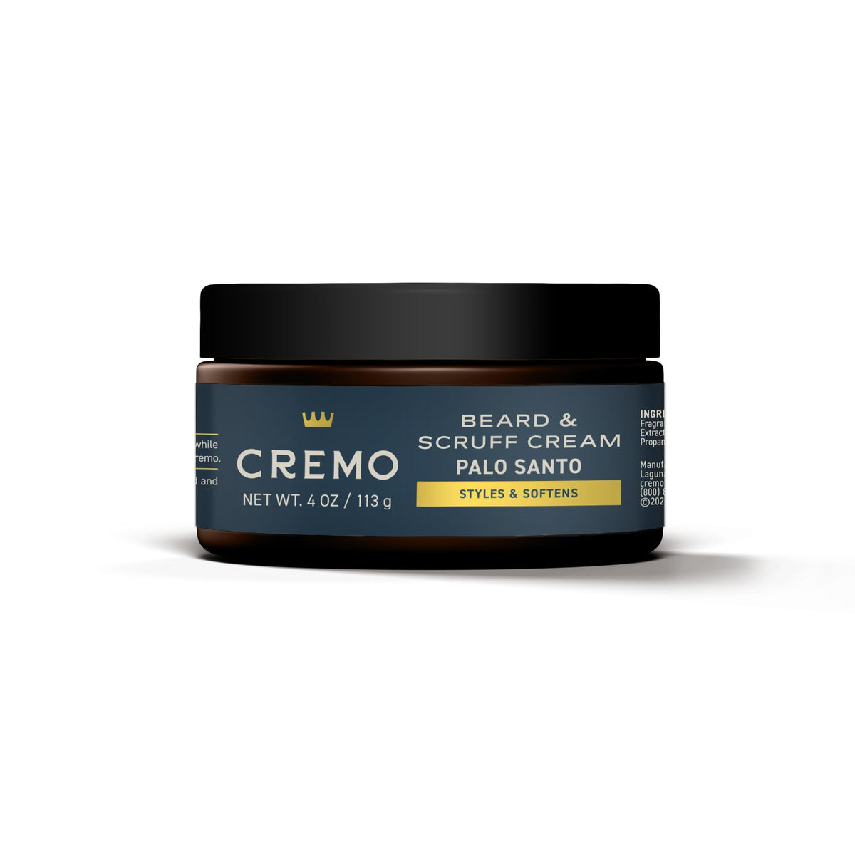 Cremo Palo Santo jar next to a ruler for scale, illustrating 4 oz travel-friendly size