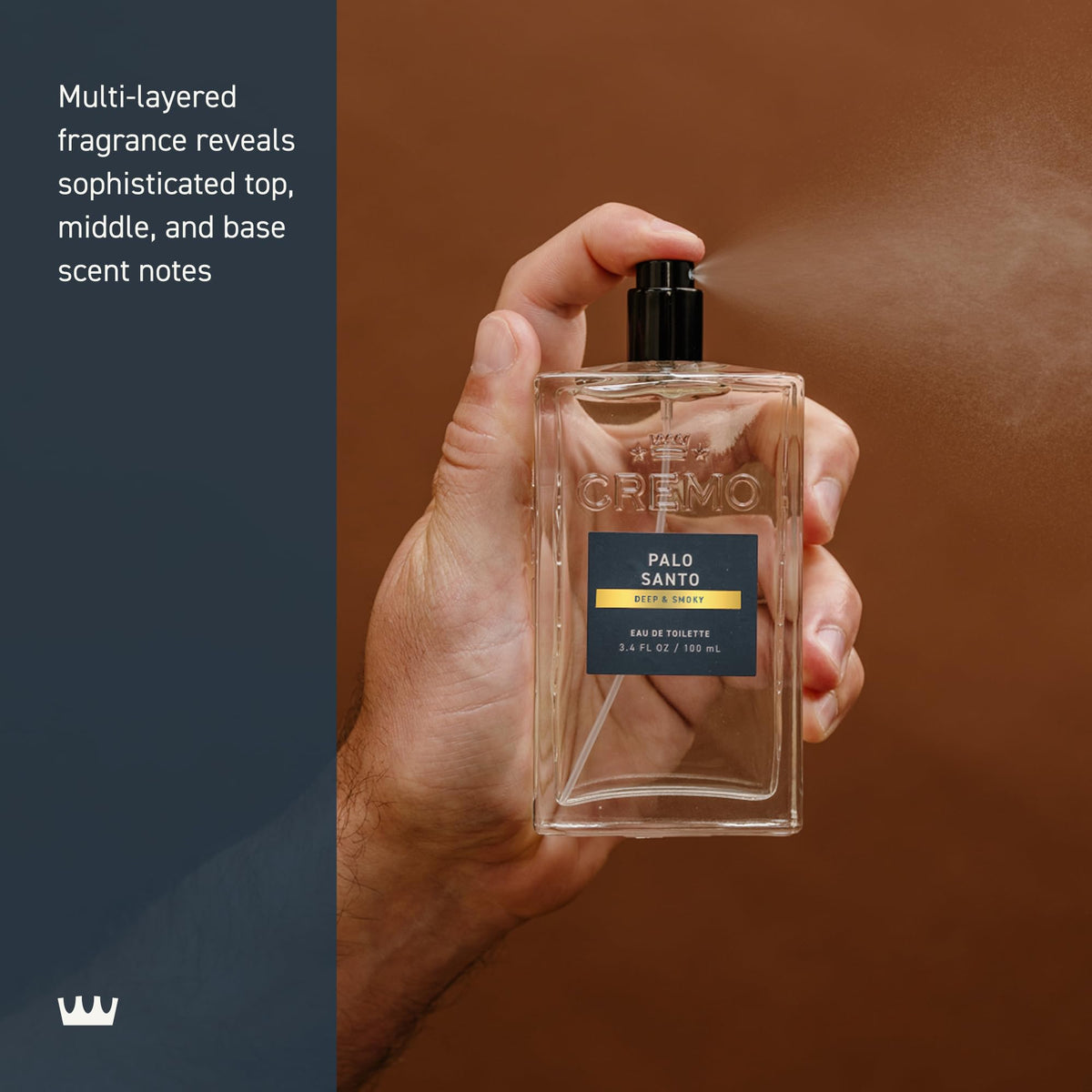 Cremo spray on skin texture shot showing rapid absorption and layered scent benefit