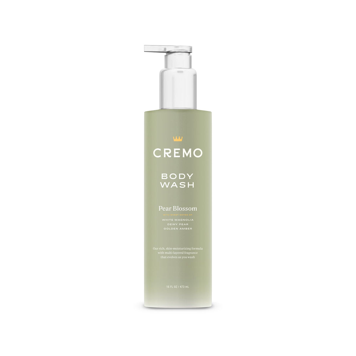 Cremo front packaging showing pear blossom label and elegant bottle benefit: clear brand identity