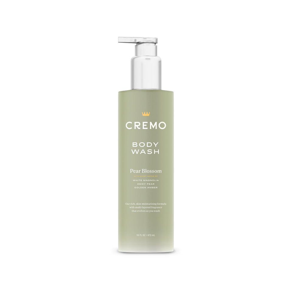 Cremo front packaging showing pear blossom label and elegant bottle benefit: clear brand identity
