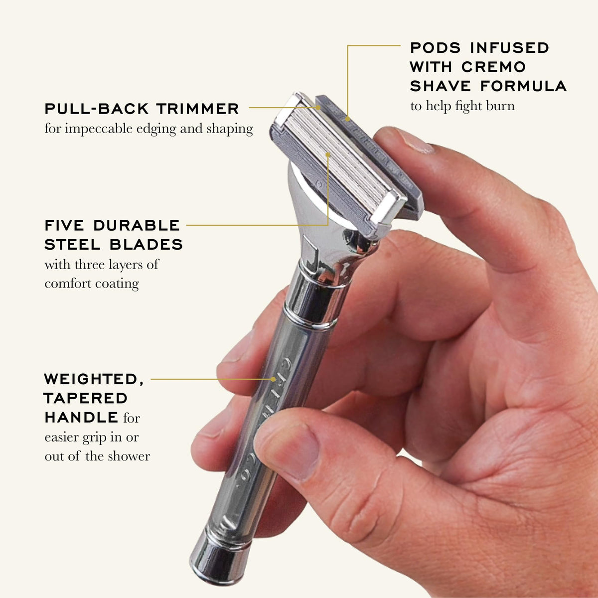 Cremo razor weighted handle detail demonstrating balance for precise shaving