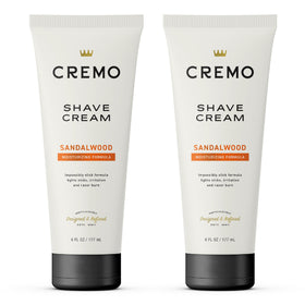 Cremo front packaging showing two sandalwood shave cream tubs and benefit of long-lasting supply