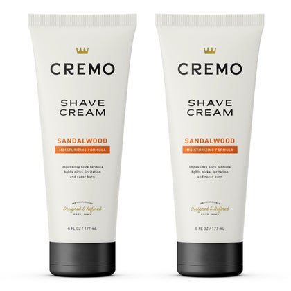 Cremo front packaging showing two sandalwood shave cream tubs and benefit of long-lasting supply