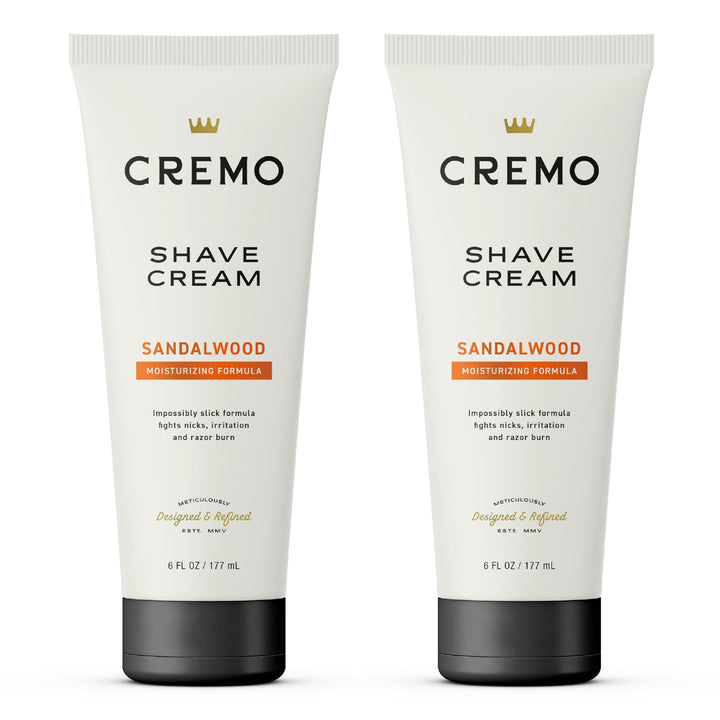 Cremo front packaging showing two sandalwood shave cream tubs and benefit of long-lasting supply