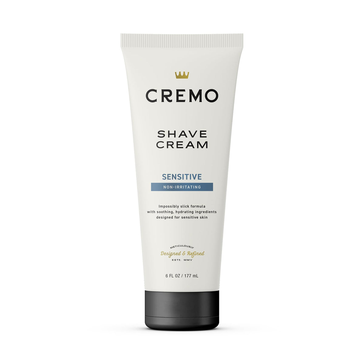 Cremo sensitive shave cream front packaging showing bottle and brand for easy identification
