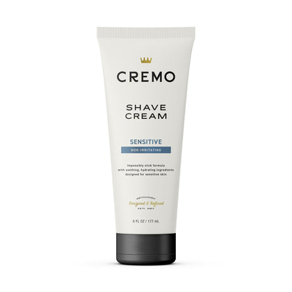 Cremo sensitive shave cream front packaging showing bottle and brand for easy identification