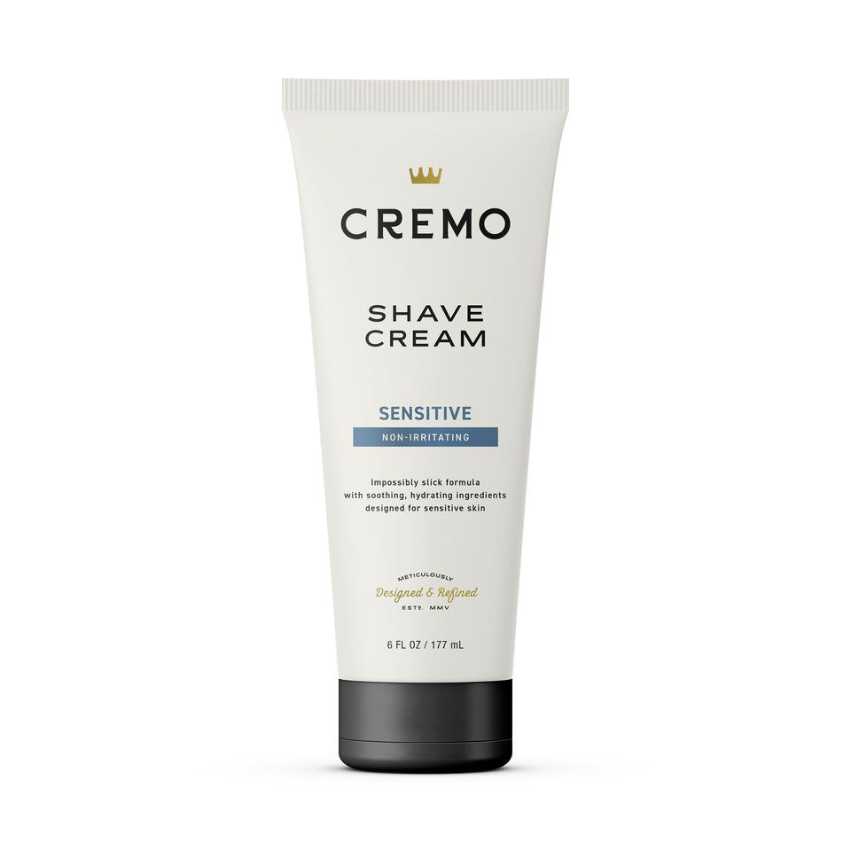 Cremo sensitive shave cream front packaging showing bottle and brand for easy identification