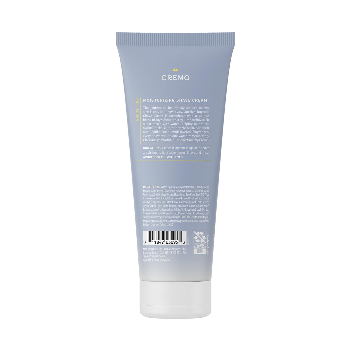 Cremo shaving cream in use on leg demonstrating smooth glide and reduced irritation
