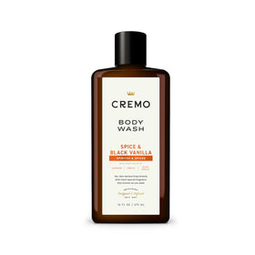 Cremo front bottle view showing spice and black vanilla scent and refined grooming benefit