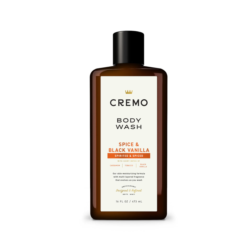 Cremo front bottle view showing spice and black vanilla scent and refined grooming benefit