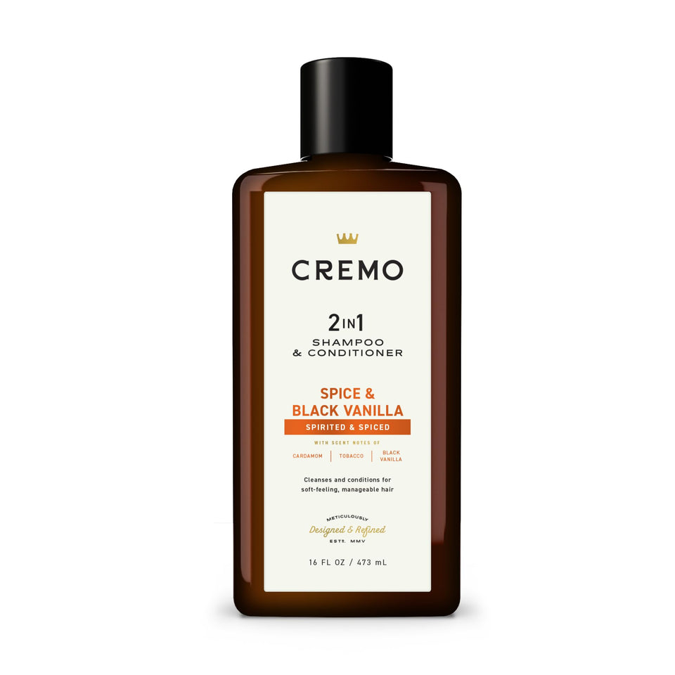Cremo front packaging showing bottle and label, highlights easy-use and scent