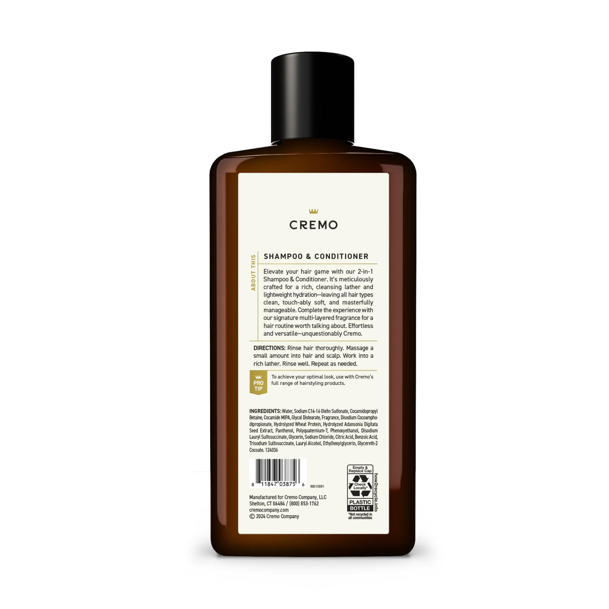 Cremo in-shower use with foamy lather, conveys quick two-in-one convenience