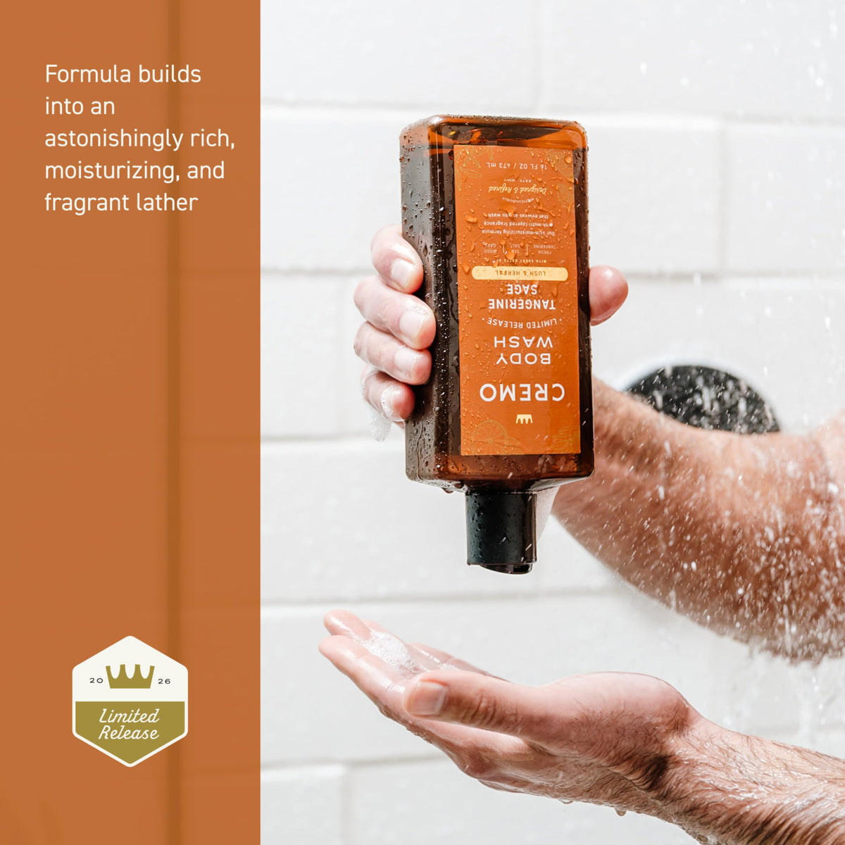 Cremo bottle next to a hand showing 16 fl oz scale and long-lasting supply benefit