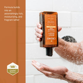 Cremo bottle next to a hand showing 16 fl oz scale and long-lasting supply benefit