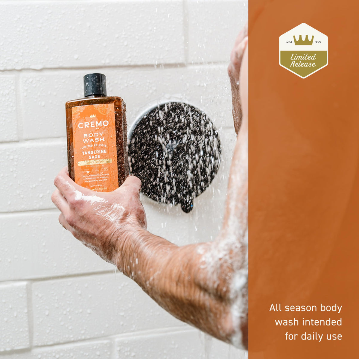 Cremo bottle placed in a wet shower setting highlighting water-friendly use benefit