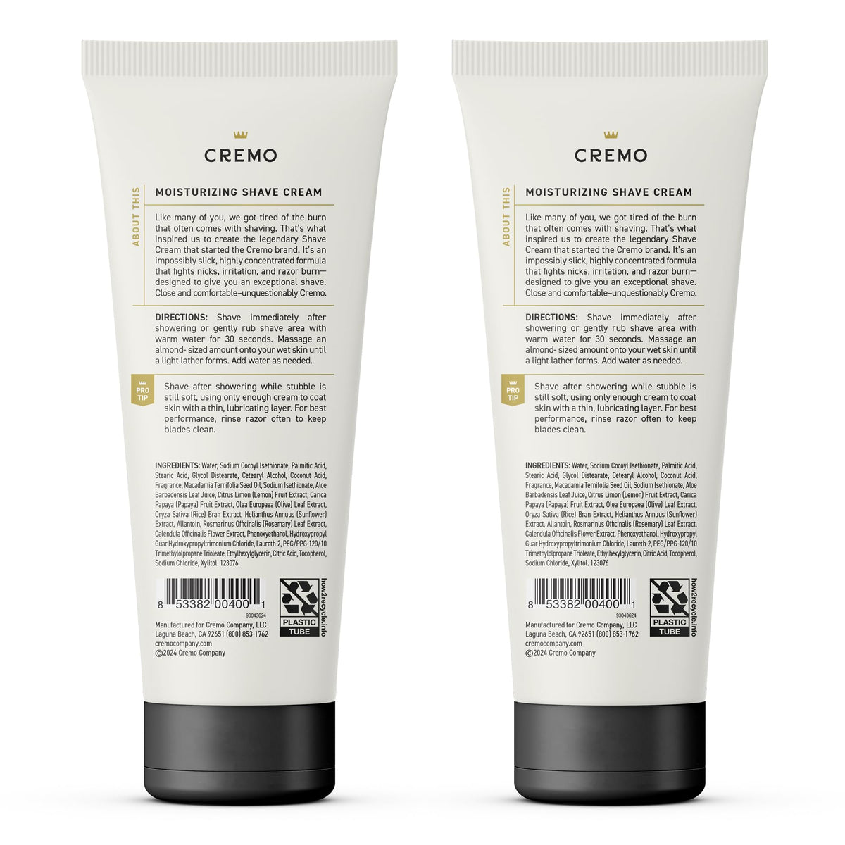 Cremo tube beside a razor illustrating 6 fl oz size and long-lasting supply