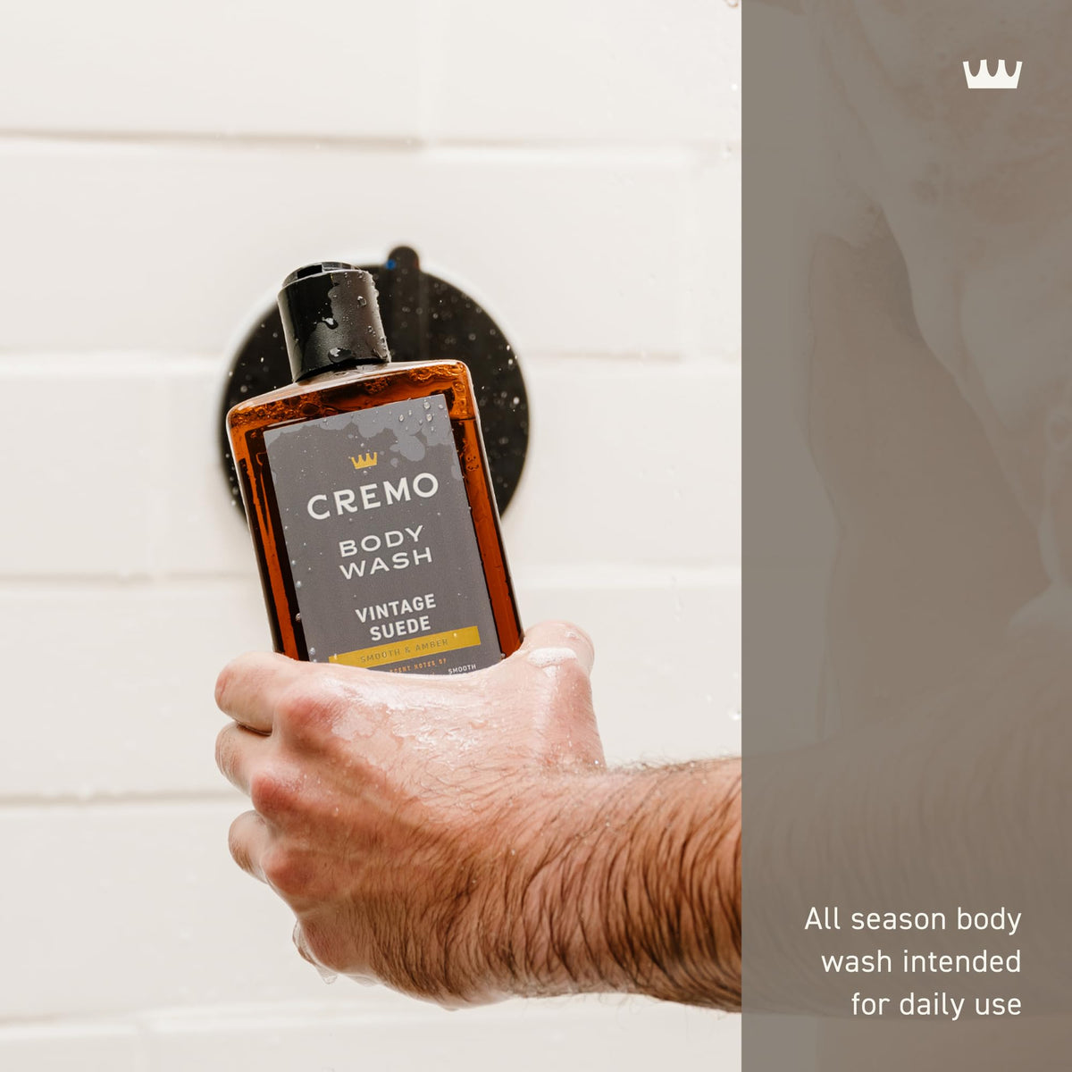 Cremo close-up of rich creamy lather texture, highlights moisturizing feel