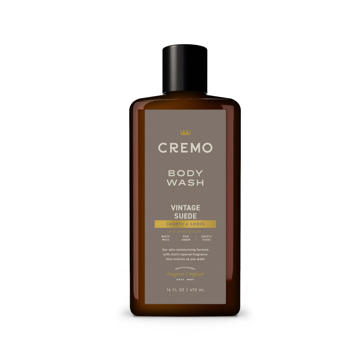 Cremo Vintage Suede front packaging showing label and 16 fl oz size for refined scent