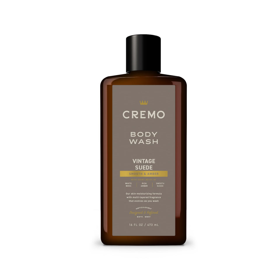 Cremo Vintage Suede front packaging showing label and 16 fl oz size for refined scent