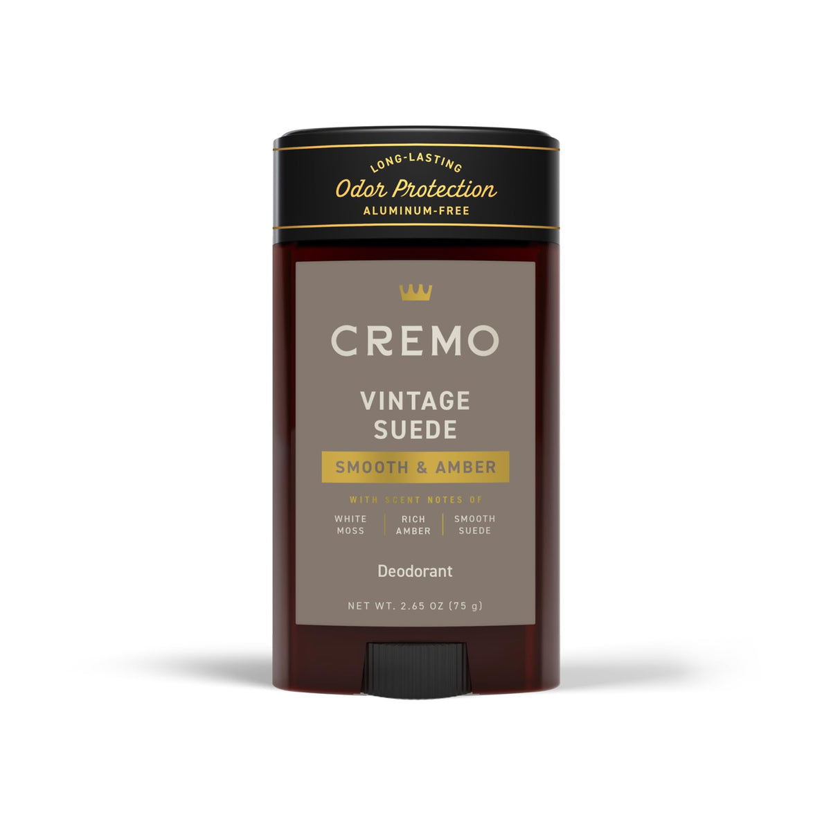 Cremo Vintage Suede front stick showing label and packaging benefit of refined fragrance