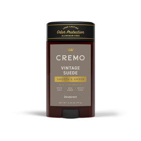Cremo Vintage Suede front stick showing label and packaging benefit of refined fragrance