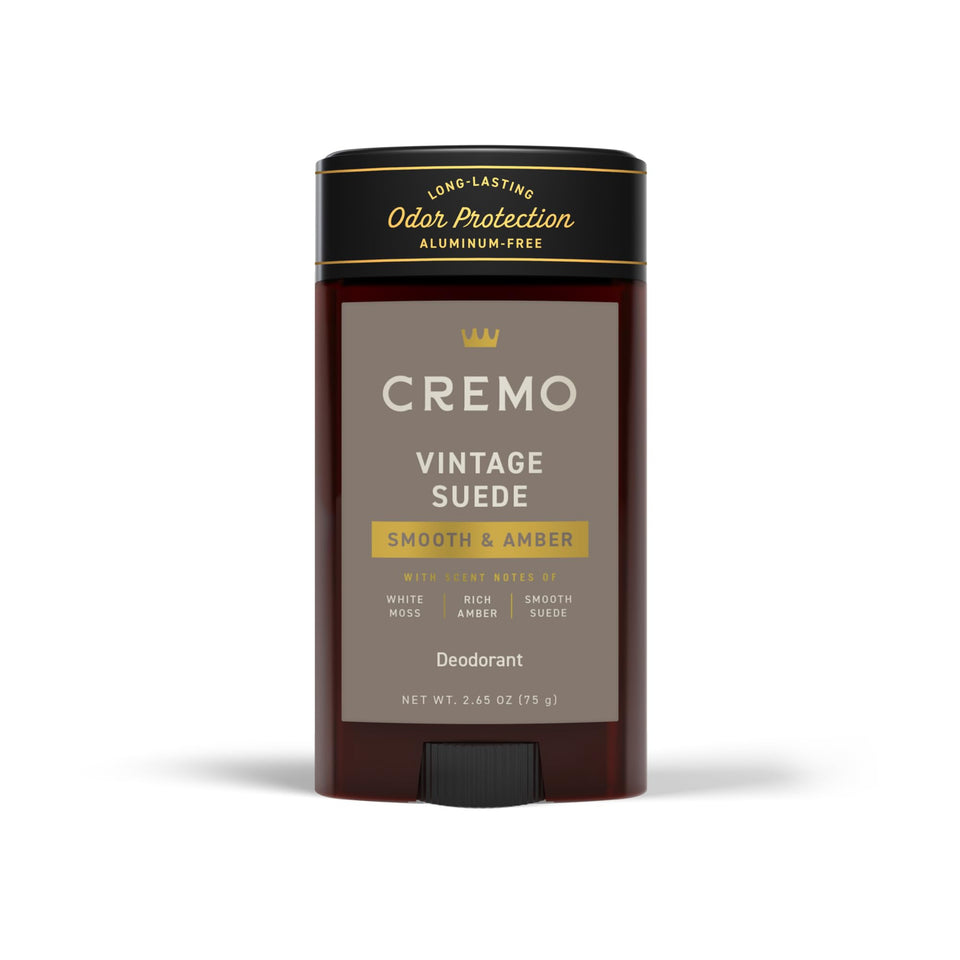 Cremo Vintage Suede front stick showing label and packaging benefit of refined fragrance