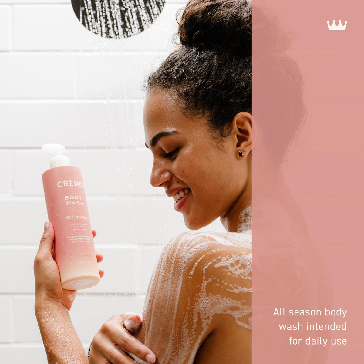 Close-up of creamy foam texture from Cremo Wild Iris Musk body wash demonstrating rich lather and moisturizing feel.