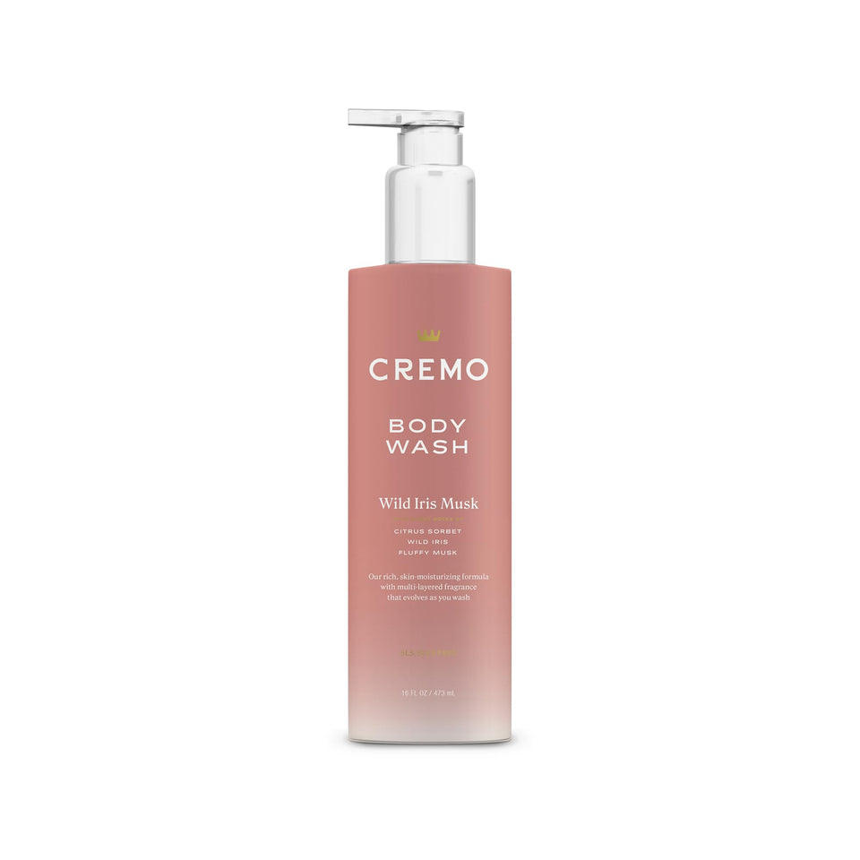 Cremo Wild Iris Musk front bottle showing label and 16 fl oz size, highlighting elegant packaging and scent.