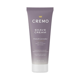 Cremo front packaging showing bottle and lavender scent, smooth shave benefit