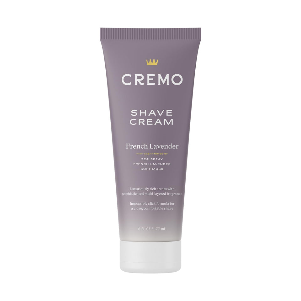 Cremo front packaging showing bottle and lavender scent, smooth shave benefit