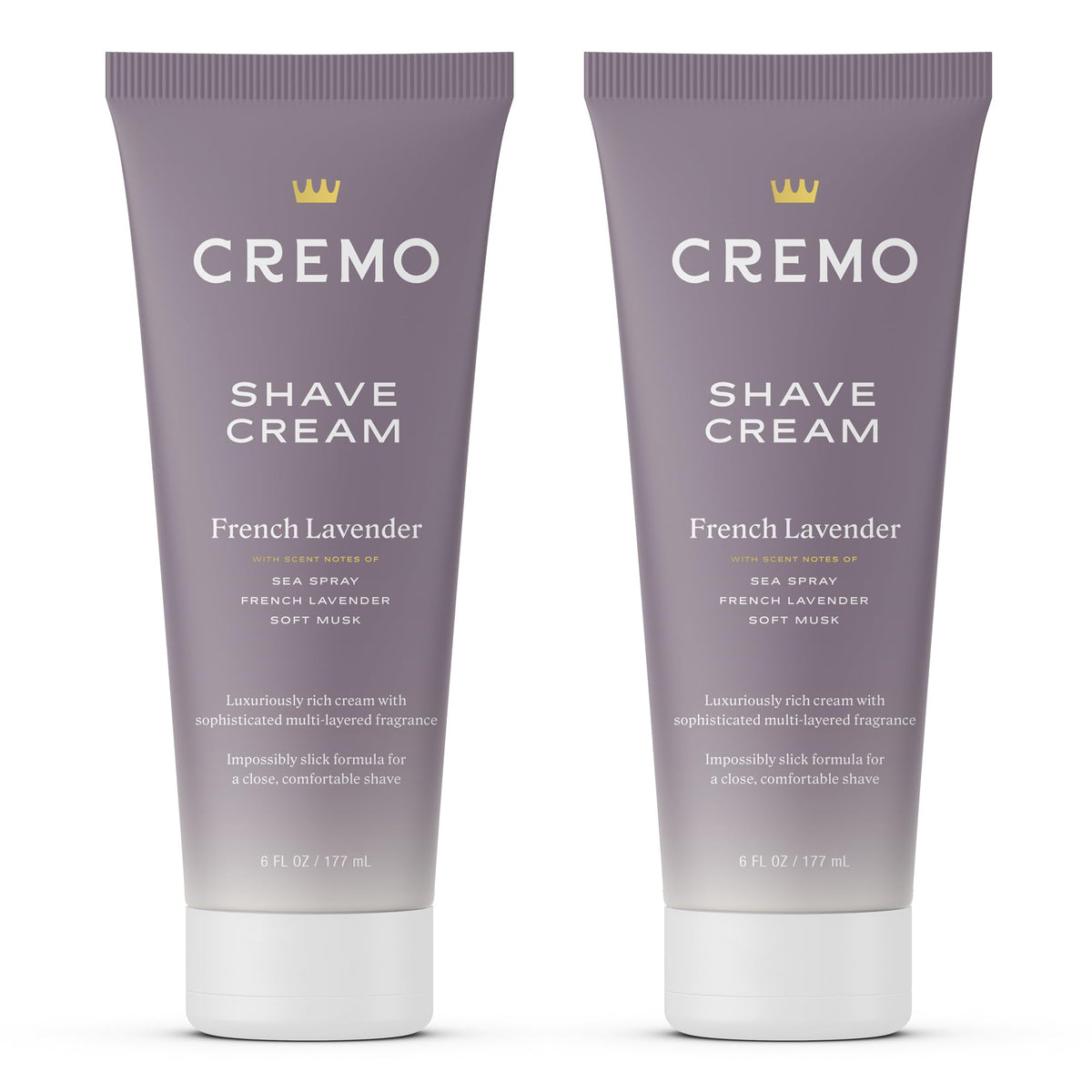 Cremo front packaging showing dual 6 fl oz tubes and lavender scent benefit