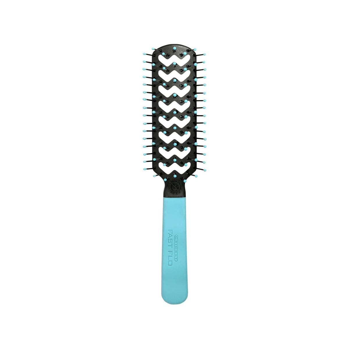 Cricket brush front view showing light blue finish and ergonomic grip benefits