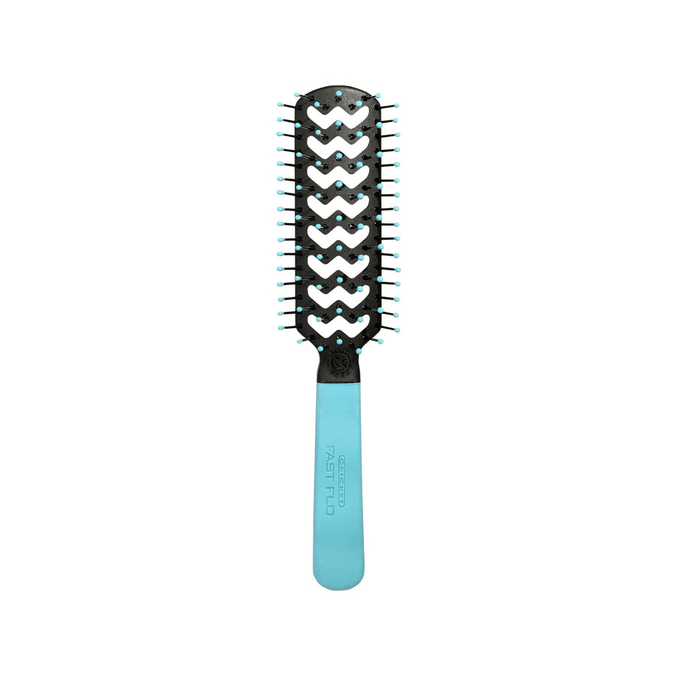 Cricket brush front view showing light blue finish and ergonomic grip benefits