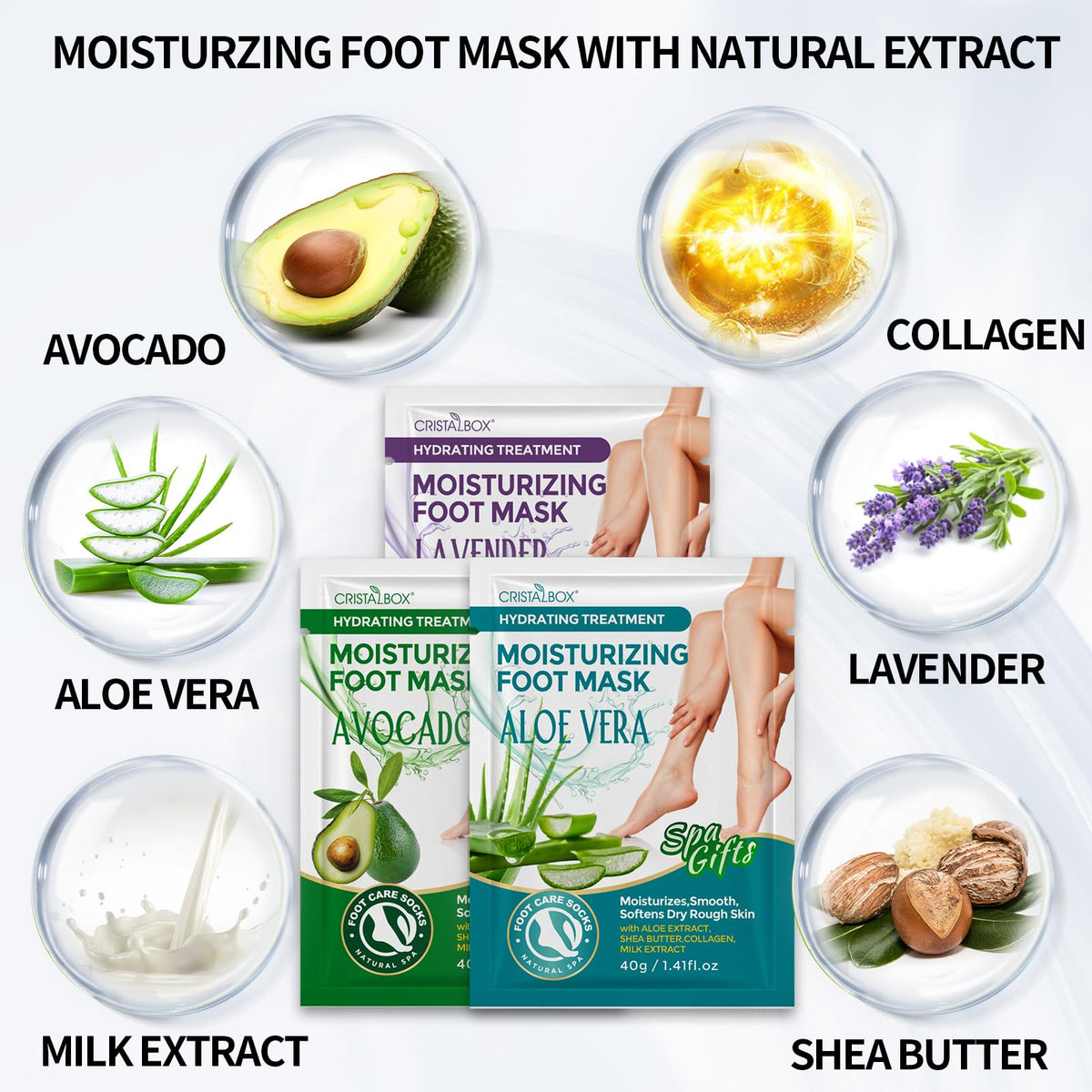 CRISTALBOX sock-style foot mask worn on feet demonstrating comfortable fit