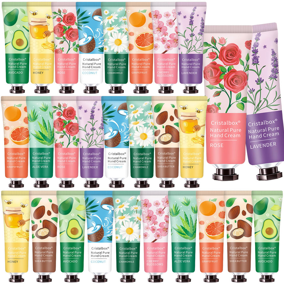 CRISTALBOX front packaging of 28-pack travel hand lotions showing variety and value