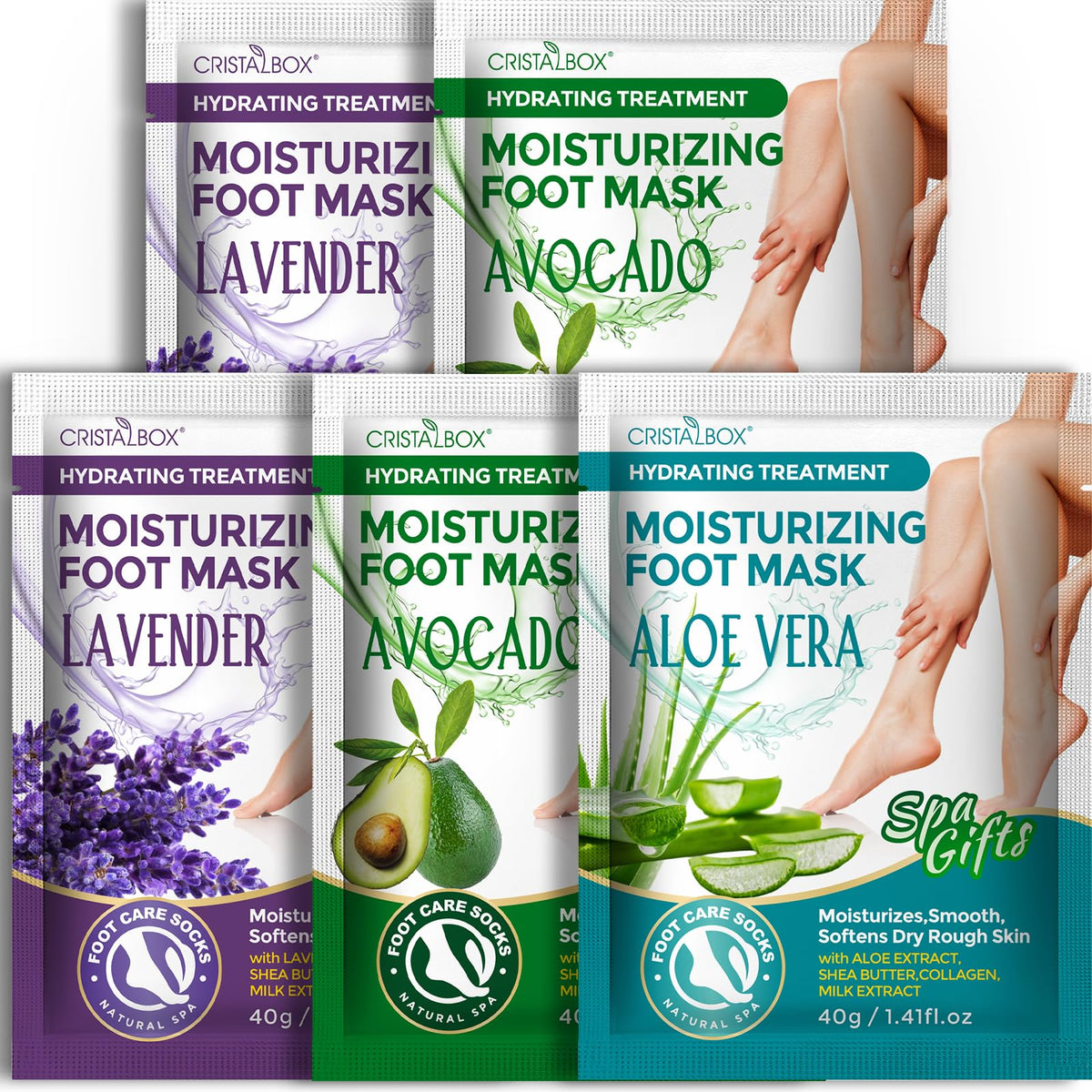 CRISTALBOX front packaging showing five pairs of foot masks for easy hydration
