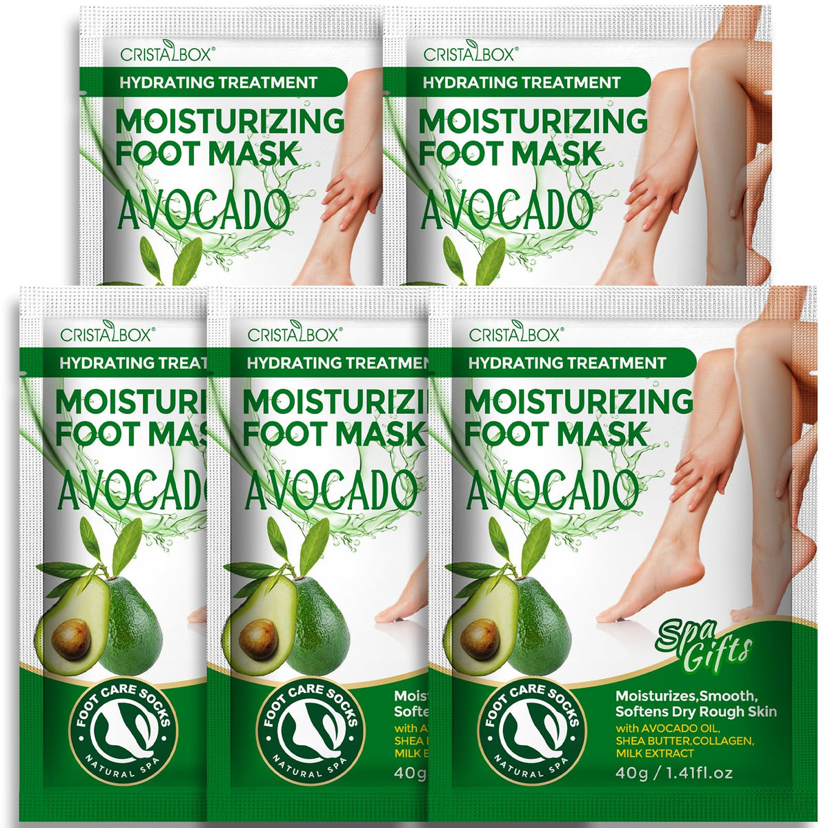 CRISTALBOX front packaging showing five moisturizing foot masks and benefits