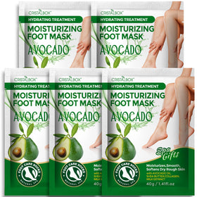 CRISTALBOX front packaging showing five moisturizing foot masks and benefits
