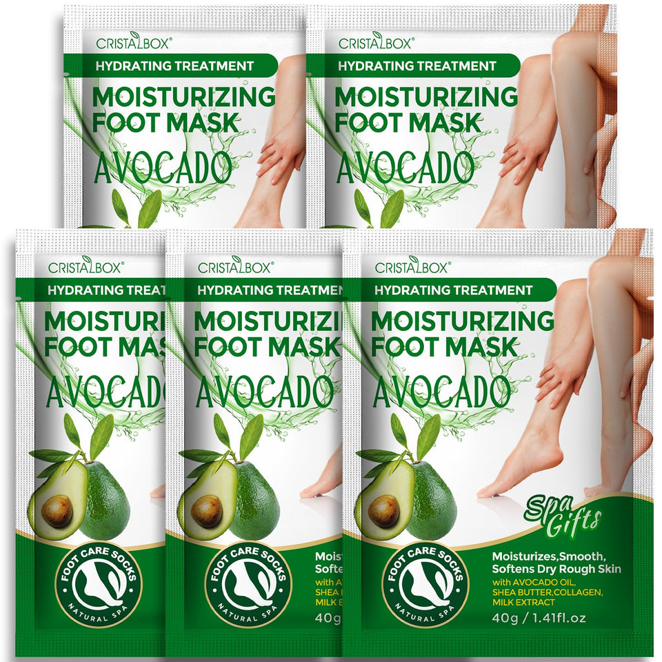 CRISTALBOX front packaging showing five moisturizing foot masks and benefits