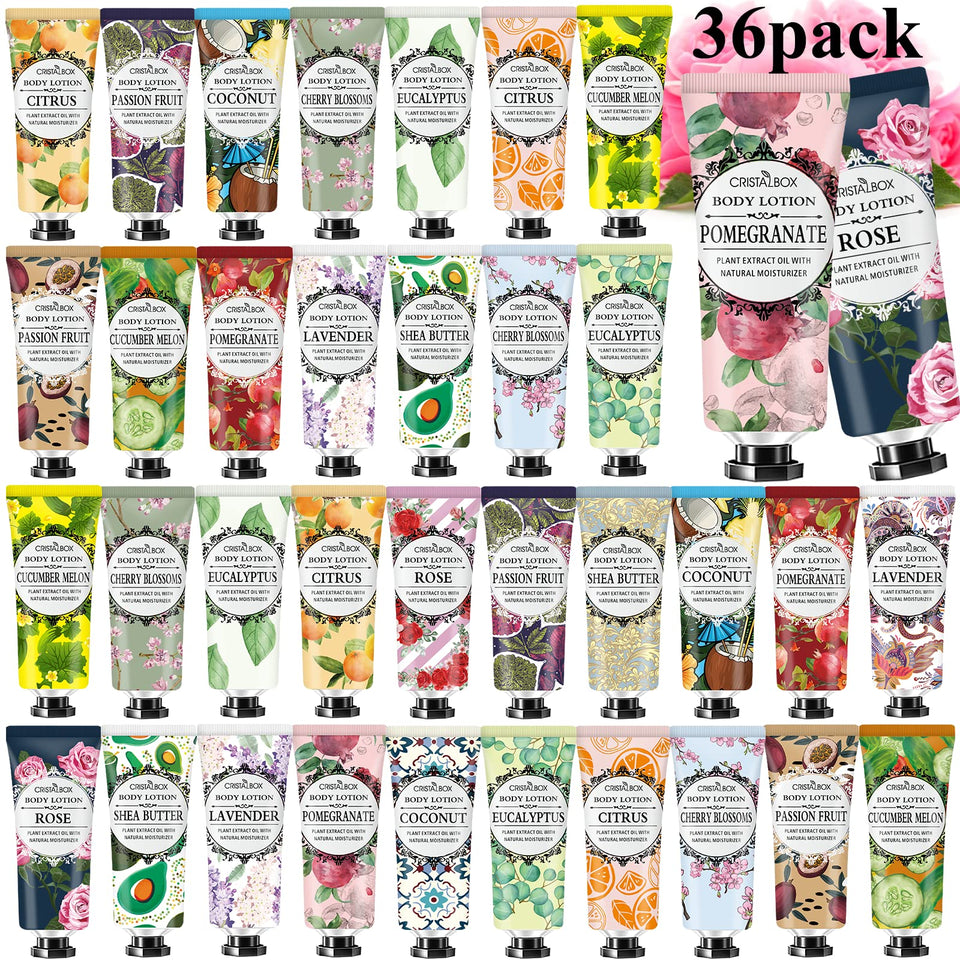 CRISTALBOX front packaging showing 36 travel lotion tubes and scent variety, convenience for gifting