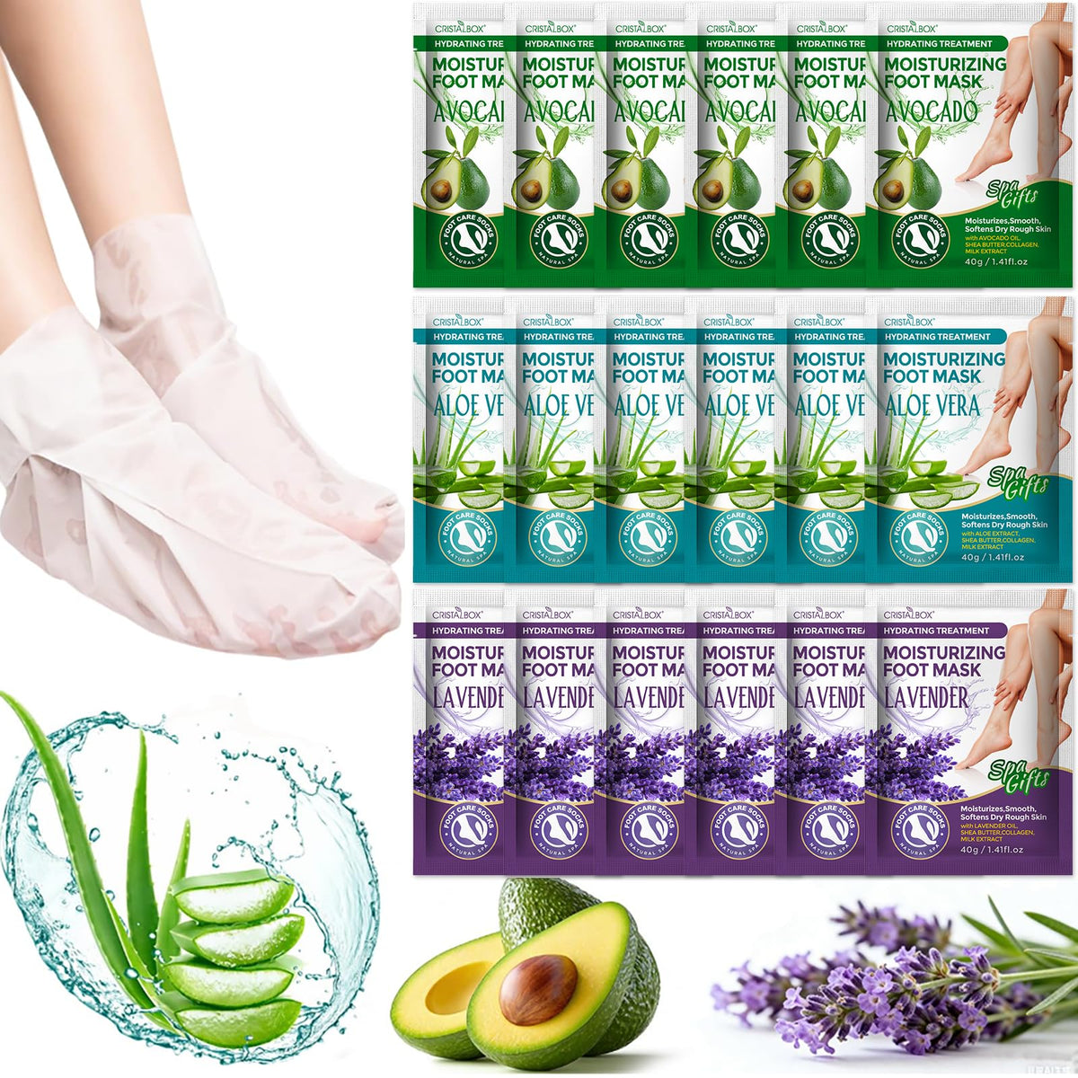 CRISTALBOX front packaging showing 18 moisturizing foot masks for easy storage
