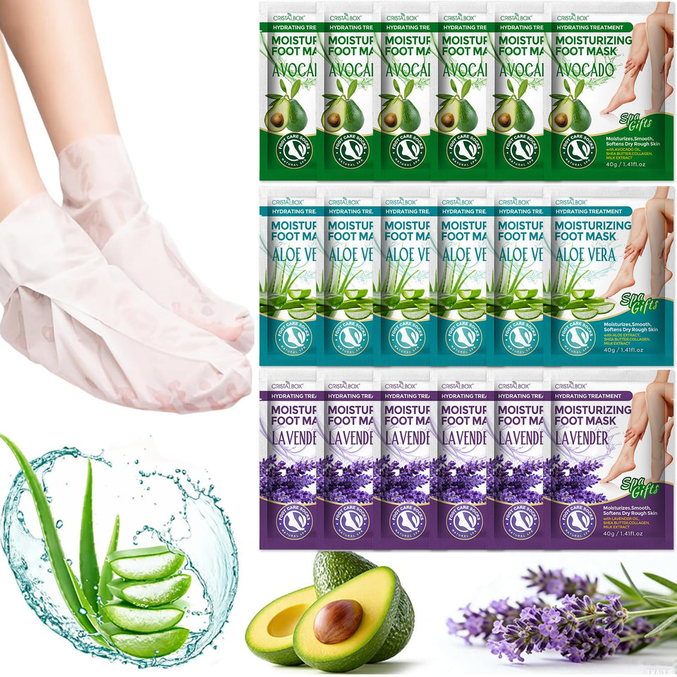 CRISTALBOX front packaging showing 18 moisturizing foot masks for easy storage