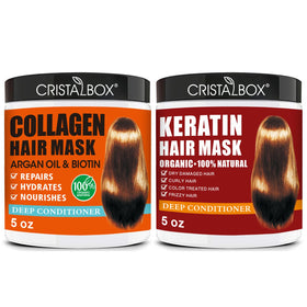 CRISTALBOX front packaging showing both keratin and collagen masks, professional repair